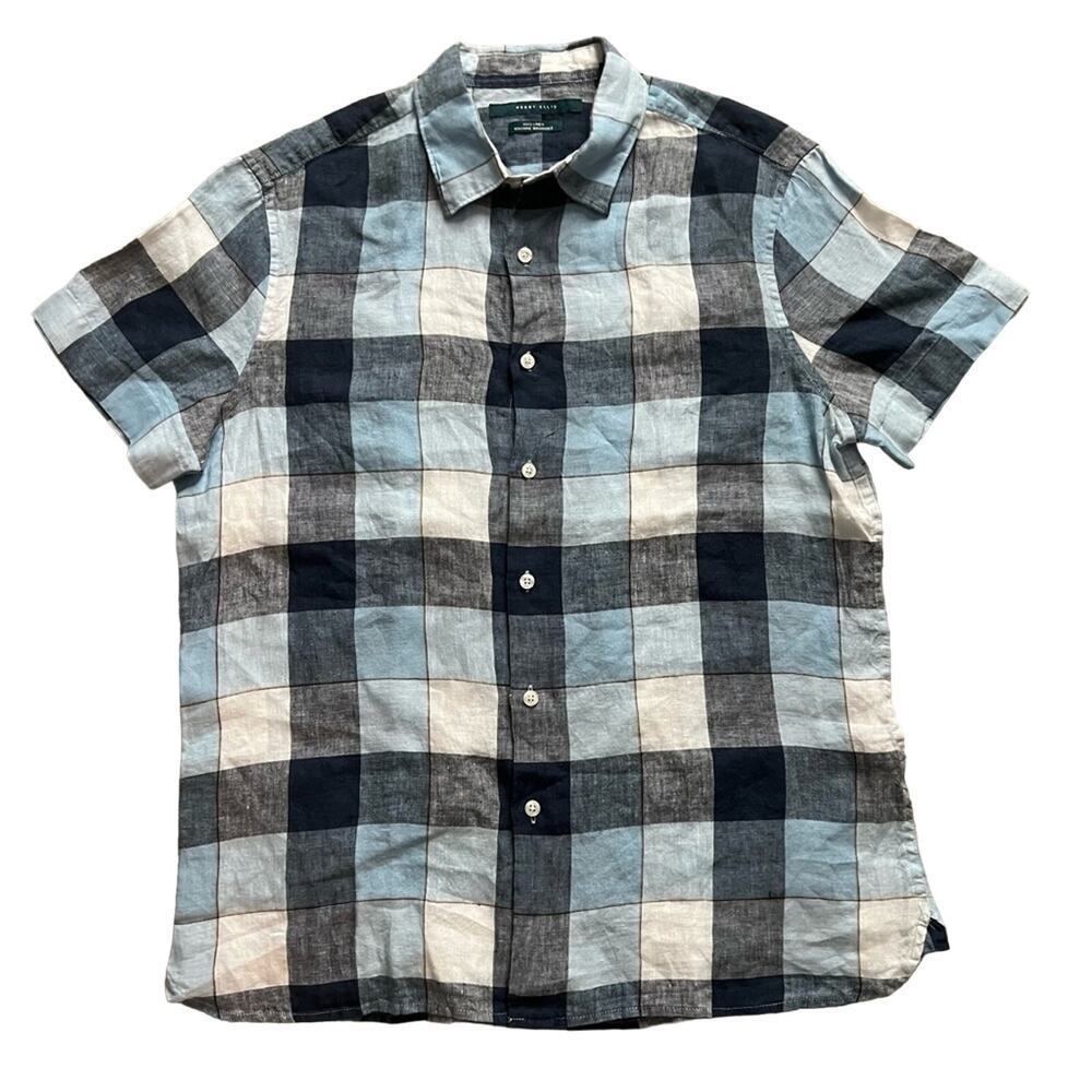 Perry Ellis Linen Blue‎ Plaid Short Sleeve Button Down Shirt- Size M